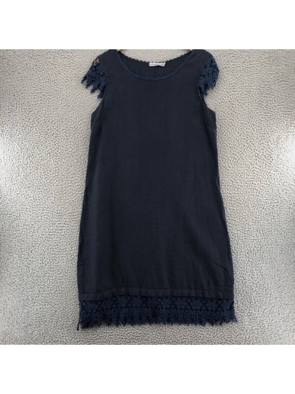 Martina Innocenti Dress Womens Small Navy Linen Shift Knee Crochet Detail Hem